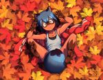  1girl absurdres animal_ears animal_nose artist_name autumn_leaves bangs barefoot between_legs black_hair blue_eyes blue_hair body_fur brand_new_animal brown_fur claw_pose closed_mouth feet feet_up fingernails furry furry_female highres jacket kagemori_michiru looking_at_viewer lying michirutnk multicolored_hair on_back raccoon_ears raccoon_girl raccoon_tail red_jacket sharp_fingernails sharp_toenails shirt short_hair solo tail tail_between_legs tail_censor tank_top tanuki toenails track_jacket two-tone_hair white_shirt 