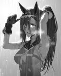  1girl adjusting_hair_ornament animal_ears arms_up bangs breasts commentary epaulettes flower_in_eye gloves greyscale hair_between_eyes hairband highres holding holding_hair horse_ears horse_girl long_hair monochrome open_mouth ponytail rain sakura_bakushin_o_(umamusume) sleeveless solo steam syamen_amygdala symbol_in_eye umamusume water_drop wet wet_hair 