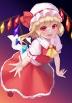  1girl :d absurdres ascot bangs blonde_hair blush bow commentary_request crystal dark_background eyebrows_visible_through_hair flandre_scarlet frilled_shirt_collar frills full_body gradient gradient_background hair_between_eyes hat hat_bow highres looking_at_viewer mob_cap one_side_up open_mouth petticoat puffy_short_sleeves puffy_sleeves purple_background red_bow red_eyes red_footwear red_skirt red_vest short_hair short_sleeves simple_background skirt smile solo touhou vest white_headwear wings yellow_ascot yuha_(kanayuzu611) 