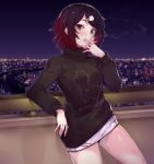  1girl arm_support balcony bangs black_hair black_shirt cat_hair_ornament cigarette cityscape clothes_writing gradient_hair hair_ornament hairclip hand_to_own_mouth iris_black_games kadokura_sion kisaragi_ren_(vtuber) leaning_back long_sleeves looking_at_viewer miniskirt multicolored_hair night night_sky outdoors railing red_eyes red_hair river shirt short_hair skirt sky smoke smoking solo sweatshirt thighs turtleneck virtual_youtuber vspo! white_skirt 