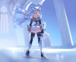  1girl absurdres android ass back bangs bare_shoulders blue_hair breasts cyborg full_body high_heels highres kos-mos large_breasts long_hair looking_at_viewer looking_back negresco red_eyes solo textless thighhighs xenosaga 