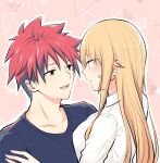  1boy 1girl blonde_hair blue_shirt blush carrying eyebrows_visible_through_hair hair_ornament hairclip highres long_hair nakiri_erina open_mouth purple_eyes red_hair shirt shokugeki_no_souma short_hair ssr_ng white_shirt yellow_eyes yukihira_souma 