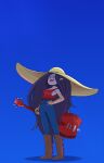  1girl :d adventure_time axe bite_mark black_eyes black_hair blue_background boots breasts colored_skin denim elbow_gloves fangs full_body gloves grey_skin guitar hand_on_hip hat highres holding holding_instrument instrument jeans knee_boots long_hair looking_up marceline_abadeer medium_breasts open_mouth pants pointy_ears red_tank_top roxy_prog shadow smile solo standing sun_hat symbol-only_commentary tank_top vampire very_long_hair yellow_gloves yellow_headwear 