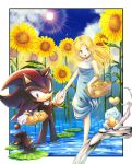  1boy 1girl :d ^_^ blonde_hair blue_dress blue_eyes blue_sky blush chao_(sonic) closed_eyes cloud dark_chao dress flower food fruit furry furry_male gloves highres holding_hands long_hair maria_robotnik open_mouth red_eyes shadow_the_hedgehog sky sleeveless sleeveless_dress smile sonic_(series) sun sunflower tondamanuke wading water white_gloves 