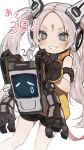  +_+ 1girl absurdres android armlet bike_shorts blue_eyes countdown daluto_(hitomi555) facial_mark fang forehead_mark gloves grin headgear highres long_hair metallic_child pan_(metallic_child) robot rona_(metallic_child) simple_background smile teeth twintails white_background white_hair 