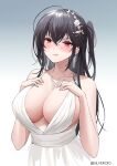  1girl :q ahoge artist_name azur_lane bangs bare_shoulders black_hair blush breasts cleavage collarbone commentary_request crossed_bangs dress earrings eyebrows_visible_through_hair gradient gradient_background hair_between_eyes hair_ornament hands_on_own_chest highres jewelry large_breasts long_hair looking_at_viewer necklace official_alternate_costume one_side_up red_eyes sidelocks silveroid simple_background sleeveless sleeveless_dress smile solo taihou_(azur_lane) taihou_(temptation_on_the_sea_breeze)_(azur_lane) tongue tongue_out upper_body very_long_hair wedding_dress white_dress 