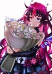  1girl absurdres bare_shoulders blue_eyes bouquet crystal flower fluffyebi01 heterochromia highres hololive hololive_english horns irys_(hololive) pink_eyes pointy_ears red_flower red_hair see-through smile solo virtual_youtuber wavy_hair wings 