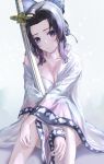  1girl absurdres arms_on_knees black_hair breasts butterfly_hair_ornament cleavage closed_mouth collarbone hair_ornament haori highres holding holding_sword holding_weapon japanese_clothes kimetsu_no_yaiba kochou_shinobu looking_at_viewer medium_breasts no_pants purple_eyes revision sheath sheathed sidelocks single_bare_shoulder sitting solo sword tied_hair tooku0 weapon 