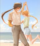  2boys aether_(genshin_impact) antenna_hair arm_up beach belt blonde_hair blue_shorts blue_sky braid braided_ponytail brown_belt brown_hair buttons closed_eyes cloud cloudy_sky commentary_request dancing day feet_out_of_frame foot_out_of_frame genshin_impact green_shirt grey_pants hand_on_back highres holding_hands long_hair lyoo_(cacj5482) male_focus multiple_boys ocean outdoors pants ponytail shirt shirt_tucked_in short_sleeves shorts sidelocks sky smile waves white_shirt zhongli_(genshin_impact) 