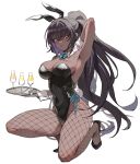  1girl alcohol animal_ears arm_behind_head armpits bangs black_footwear black_hair blue_archive blush breasts cleavage covered_navel cup dark-skinned_female dark_skin drinking_glass fake_animal_ears fishnet_legwear fishnets full_body glass gloves holding karin_(blue_archive) large_breasts long_hair looking_at_viewer one_knee playboy_bunny ponytail rabbit_ears rabbit_tail seinen shoes simple_background solo tail very_long_hair white_background white_gloves yellow_eyes 