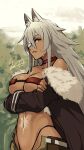  1girl animal_ear_fluff animal_ears bandeau bangs bare_shoulders breasts brown_jacket commentary_request dark-skinned_female dark_skin eyepatch fur_trim ghislaine_dedoldia green_pants grey_hair highleg highleg_panties highres jacket large_breasts long_hair looking_at_viewer messy_hair mushoku_tensei panties pants red_eyes sawasa scar scar_on_cheek scar_on_face scar_on_stomach solo underwear 