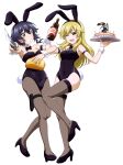  2girls anchovy_(girls_und_panzer) animal_ears anzio_(emblem) anzio_military_uniform black_bow black_bowtie black_hair black_legwear black_leotard blonde_hair blush bottle bow bowtie braid breasts brown_eyes cake carpaccio_(girls_und_panzer) cleavage commentary_request covered_navel emblem eyebrows_visible_through_hair fake_animal_ears fake_tail food full_body girls_und_panzer green_eyes grin highres key_(gaigaigai123) knife leotard long_hair looking_at_viewer multiple_girls one_eye_closed pantyhose pepperoni_(girls_und_panzer) playboy_bunny rabbit_ears rabbit_tail shiny shiny_hair short_hair simple_background small_breasts smile standing tail white_background 