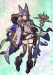  1girl :&lt; absurdres animal_ears armpits bangs between_breasts boots breasts cape cleavage cleavage_cutout clothing_cutout commentary_request detached_sleeves dress erune eyebrows_visible_through_hair fanny_pack full_body gloves granblue_fantasy hair_ornament highres holding holding_staff medium_breasts nicolanicconico purple_hair shading_eyes short_dress sleeveless sleeveless_dress solo staff strap_between_breasts thighhighs tikoh white_dress white_gloves yellow_eyes 