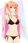  1girl bikini black_bikini black_panties blonde_hair breasts collarbone eyebrows_visible_through_hair groin halterneck highres large_breasts looking_at_viewer nakiri_erina navel panties pink_eyes pink_vest shokugeki_no_souma side-tie_bikini solo ssr_ng string_bikini swimsuit twintails underwear undressing vest 