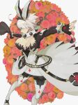  1girl ahoge animal_ears arms_up arqa belt blue_eyes bracelet breasts chain cleavage clothing_cutout clover collar dress elphelt_valentine fake_animal_ears flower four-leaf_clover gameplay_mechanics grey_hair guilty_gear guilty_gear_xrd huge_ahoge jewelry large_breasts looking_away open_mouth rabbit_ears red_flower red_rose rose short_hair solo spiked_bracelet spiked_collar spikes wedding_dress 
