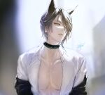  1boy animal_ears arknights black_choker cat_ears choker grey_hair highres infection_monitor_(arknights) looking_at_viewer male_focus myluche open_clothes open_shirt parted_lips phantom_(arknights) shirt short_hair upper_body white_shirt yellow_eyes 