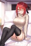  1girl absurdres ass beige_sweater black_legwear black_panties black_ribbon blurry blurry_background braid braided_bun breasts covered_nipples depth_of_field dress glasses hair_bun hair_ornament hair_ribbon hairclip highres indoors komainu_(yamaha1997) large_breasts long_sleeves looking_at_viewer original panties red-framed_eyewear red_hair ribbed_sweater ribbon sidelocks sitting solo sweater sweater_dress thighhighs underwear yellow_eyes 