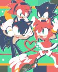  2boys 2girls amy_rose blush boots bracelet dress dual_persona flat_color frown furry furry_female furry_male gloves green_eyes grin hairband happy heart jewelry multiple_boys multiple_girls on_head person_on_head red_dress red_footwear smile sonic_(series) sonic_the_hedgehog sonic_the_hedgehog_(classic) tondamanuke white_gloves 