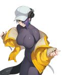  1girl arknights asbestos_(arknights) black_bodysuit black_nails bodysuit breasts collarbone fingernails green_eyes hair_over_one_eye hat headphones highres jacket jason_kim large_breasts nail_polish purple_hair saliva sharp_teeth short_hair simple_background slit_pupils solo tail teeth white_background white_headwear yellow_jacket 