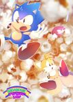  3boys :o black_eyes clenched_teeth falling food fox_boy furry furry_male gloves knuckles_the_echidna male_focus multiple_boys multiple_tails open_mouth popcorn red_footwear sonic_(series) sonic_the_hedgehog sonic_the_hedgehog_(classic) tail tails_(sonic) teeth tondamanuke two_tails white_gloves 