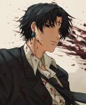  1boy bangs black_eyes black_hair black_necktie black_suit blood blood_on_clothes blood_on_face blood_splatter chrollo_lucilfer cipcal closed_mouth collared_shirt commentary earrings empty_eyes expressionless forehead_tattoo formal hair_over_one_eye highres hunter_x_hunter jewelry male_focus necktie shirt short_hair simple_background solo suit tattoo upper_body white_background white_shirt 