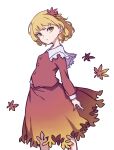  1girl absurdres aki_shizuha blonde_hair buttons collar commentary dress_shirt gradient_skirt hair_ornament highres kame_(kamepan44231) leaf leaf_hair_ornament leaf_on_head long_sleeves maple_leaf orange_shirt orange_skirt shirt simple_background skirt skirt_set solo touhou white_background white_collar yellow_eyes yellow_skirt 