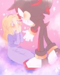  1boy 1girl blonde_hair blue_eyes blush bracelet embarrassed furry furry_male furry_with_non-furry gloves hands_over_own_mouth hetero implied_kiss interspecies jewelry maria_robotnik red_eyes shadow_the_hedgehog sonic_(series) tondamanuke white_gloves 