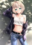  1girl alternate_costume aoba_moca arm_behind_head arm_up bang_dream! bangs belt black_belt black_jacket blue_eyes breasts c.u.wa closed_mouth collarbone commentary cowboy_shot crop_top denim dog_tags eyebrows_visible_through_hair grey_hair highres hood hood_down hooded_jacket jacket jeans long_sleeves looking_at_viewer medium_breasts midriff navel off_shoulder pants shadow shirt short_hair short_sleeves sidelocks smile solo standing wall white_shirt zipper zipper_pull_tab 