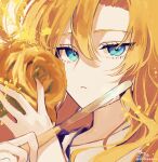  1girl bangs blonde_hair blue_eyes closed_mouth eyebrows_visible_through_hair flower hair_between_eyes hands_up highres holding holding_flower ib long_hair looking_at_viewer mary_(ib) rose signature sofra solo twitter_username upper_body yellow_flower yellow_rose 