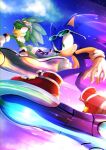  2boys animal_nose beak boots cloud eyewear_on_head feathers furry furry_male gloves grin hover_board jet_the_hawk male_focus multiple_boys racing red_footwear sky smile sonic_(series) sonic_riders sonic_the_hedgehog tondamanuke white_gloves 