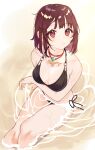  1girl atelier_(series) atelier_sophie bangs bare_arms bare_shoulders bikini black_bikini breasts brown_hair commentary_request eyebrows_visible_through_hair feet_out_of_frame from_above halterneck highres looking_at_viewer looking_up medium_breasts o-ring o-ring_bikini o-ring_top parted_lips partially_submerged red_eyes ryuuno6 side-tie_bikini sitting solo sophie_neuenmuller string_bikini swimsuit 