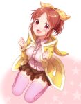  1girl :d abe_nana blush bow brown_hair coat hair_bow hood hood_down hooded_coat idolmaster idolmaster_cinderella_girls idolmaster_cinderella_girls_starlight_stage konogi_nogi long_sleeves looking_at_viewer open_clothes open_coat open_mouth pink_legwear pink_shirt ponytail red_eyes seiza shirt sitting smile solo thighhighs yellow_bow yellow_coat 