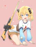  1girl absurdres blonde_hair blue_eyes daebom fang ground_vehicle gun hair_ornament headlight highres italian_flag l3/33_(daebom) mecha_musume military military_vehicle motor_vehicle original outline personification pouch scope shirt shoes short_hair shorts simple_background solo star_(symbol) tank twintails undershirt weapon white_shirt 