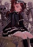  1girl animal_ears black_dress black_legwear cat_ears closed_mouth dress earrings fkey head_tilt jewelry long_sleeves looking_at_viewer maid_headdress original red_eyes red_hair sitting skeleton skeleton_print slit_pupils socks solo stud_earrings twintails 