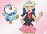  1girl ;d bare_arms beanie blue_eyes blue_hair commentary_request dawn_(pokemon) eyelashes hair_ornament hairclip hand_up hat long_hair looking_at_viewer one_eye_closed open_mouth pink_skirt piplup pokemon pokemon_(anime) pokemon_(creature) pokemon_dppt_(anime) scarf shirt skirt sleeveless sleeveless_shirt smile tongue w white_headwear yume_yoroi 