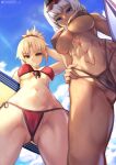  2girls abs absurdres animal_ears ass_visible_through_thighs bangs bare_shoulders bikini black_bikini black_hairband blonde_hair blue_eyes blue_sky body_markings breasts caenis_(fate) caenis_(swimsuit_rider)_(fate) cameltoe cleavage cloud commentary cowboy_shot dark-skinned_female dark_skin day eyebrows_visible_through_hair eyewear_on_head fate/grand_order fate_(series) from_below front-tie_bikini front-tie_top green_eyes grin groin hair_between_eyes hair_intakes hair_ornament hair_scrunchie hairband hand_on_hip highleg highleg_bikini highres holding holding_surfboard large_breasts lens_flare long_hair looking_at_viewer medium_breasts mordred_(fate) mordred_(swimsuit_rider)_(fate) multi-strapped_bikini multiple_girls navel ponytail queasy_s red_bikini red_scrunchie scrunchie side-tie_bikini sidelocks sky smile standing stomach sunglasses surfboard swimsuit teeth twitter_username underboob white_hair 