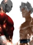  2boys abs artist_name bodysuit dragon_ball dragon_ball_super grey_eyes highres jiren male_focus multiple_boys muscular muscular_male realistic red_bodysuit serious silver_hair son_goku tiago_datrinti topless_male ultra_instinct 