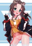  1girl :d absurdres animal_ears bangs bear_ears black_gloves blue_background blue_jacket blush bottomless brown_hair claw_pose cowboy_shot dog_tags extra_ears forehead gloves green_eyes highres hololive jacket long_hair long_sleeves looking_at_viewer natsuiro_matsuri navel off-shoulder_shirt off_shoulder ontake2009 open_clothes open_jacket open_mouth orange_shirt parted_bangs partially_fingerless_gloves pussy shirt smile solo teeth upper_teeth v-shaped_eyebrows virtual_youtuber 