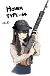  1girl battle_rifle black_hair black_necktie blue_headwear blue_skirt blush brown_shirt character_name dated doldoriaa drill_locks eyebrows_visible_through_hair girls&#039;_frontline gun hat highres holding holding_gun holding_weapon howa_type_64 howa_type_64_(girls&#039;_frontline) light_blue_eyes long_hair looking_at_viewer necktie open_mouth police police_hat police_uniform policewoman rifle shirt skirt solo uniform upper_body weapon white_background 