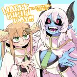  2girls absurdres ahoge angel_and_devil aohada_bocchi birthday black_horns blonde_hair blue_skin blush borrowed_character breasts cleavage cloak colored_skin english_text eyebrows green_eyes happy_birthday head_wings highres horns kanke_(kank06020602) large_breasts lian_(aohada_bocchi) looking_at_viewer multiple_girls necktie open_hands open_mouth pointy_ears ruri_(aohada_bocchi) school_uniform sharp_teeth smile teeth twintails white_cloak 