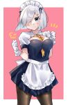  1girl absurdres alternate_costume apron black_dress black_legwear blue_eyes blush border closed_mouth cowboy_shot dress enmaided gloves hair_ornament hair_over_one_eye hairclip hamakaze_(kancolle) highres kantai_collection maid maid_apron maid_headdress neckerchief pantyhose puffy_short_sleeves puffy_sleeves short_hair short_sleeves silver_hair solo u_yuz_xx white_apron white_border white_gloves yellow_neckerchief 