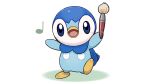  blue_eyes blush commentary_request full_body holding holding_paintbrush leg_up musical_note no_humans official_art open_mouth paintbrush piplup pokemon pokemon_(creature) project_pochama solo standing standing_on_one_leg toes tongue white_background 