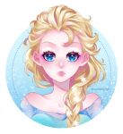  1girl bangs blonde_hair blue_eyes braid braided_ponytail collarbone commentary elsa_(frozen) english_commentary frozen_(disney) hair_over_shoulder lips long_hair looking_at_viewer off_shoulder parted_lips portrait solo tabby_chan 