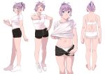  1girl absurdres aoba_(kancolle) bangs barefoot black_shorts blue_eyes bra breasts clothes_pull commentary_request eyebrows_visible_through_hair hair_ornament hair_scrunchie hand_on_hip highres kantai_collection medium_breasts multiple_views navel ojipon ok_sign one_eye_closed open_clothes open_mouth open_shorts panties pink_hair ponytail scrunchie shirt shoes short_sleeves shorts shorts_pull simple_background smile sneakers standing underwear v white_background white_bra white_footwear white_panties white_shirt 