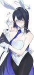  1girl alternate_costume animal_ears bangs between_breasts black_hair black_legwear blue_archive blue_eyes blue_hair blue_necktie blush breasts character_name cleavage closed_mouth copyright_name fake_animal_ears fake_tail glasses gloves halo highres holding huge_breasts kuma_(jk0073) leotard long_hair multicolored_hair necktie necktie_between_breasts pantyhose playboy_bunny rabbit_ears rabbit_tail rin_(blue_archive) simple_background solo tail two-tone_hair very_long_hair white_background white_gloves white_leotard wrist_cuffs 