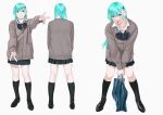  1girl absurdres aqua_hair bag bangs black_footwear black_legwear blue_bow blue_bowtie blue_eyes blue_skirt bow bowtie brown_cardigan cardigan commentary_request double_v grey_background hair_ornament hairclip highres holding holding_bag kantai_collection kneehighs loafers long_hair long_sleeves multiple_views ojipon open_mouth pleated_skirt school_bag shoes simple_background skirt smile standing suzuya_(kancolle) v 