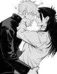  2boys closed_mouth covering_mouth cowboy_shot ear_piercing getou_suguru gojou_satoru greyscale hair_bun hair_pulled_back hand_over_another&#039;s_mouth hug jacket jujutsu_kaisen long_hair long_sleeves looking_at_another male_focus monochrome multiple_boys nino_(nino84391425) piercing profile shirt short_hair simple_background sparkle standing yaoi 