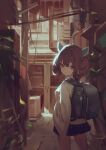  1girl alley animal_ears backpack bag bangs blue_skirt blurry blurry_background brown_hair building closed_mouth commentary cowboy_shot door fake_animal_ears hair_between_eyes hands_up headgear leaf looking_at_viewer looking_back plant red_eyes shirt short_hair skirt solo touhoku_kiritan voiceroid white_shirt wide_sleeves yamamomo_(plank) 