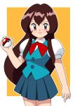  1girl bangs blush brown_eyes brown_hair buttons closed_mouth commentary_request eyelashes giselle_(pokemon) green_vest hand_up holding holding_poke_ball long_hair neck_ribbon outline pleated_skirt poke_ball poke_ball_(basic) pokemon pokemon_(anime) pokemon_(classic_anime) puffy_sleeves red_neckwear red_ribbon ribbon shiny shiny_hair shirt short_sleeves sidelocks skirt smile solo vest white_shirt yume_yoroi 