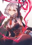  1girl azur_lane black_gloves black_legwear breasts closed_mouth drill_locks duca_degli_abruzzi_(azur_lane) elbow_gloves eyebrows_visible_through_hair gloves halo highres large_breasts long_hair looking_at_viewer mechanical_arms necktie pantyhose prosthesis prosthetic_arm red_eyes red_necktie sea_nami sideboob silver_hair single_elbow_glove single_mechanical_arm sitting solo white_background 